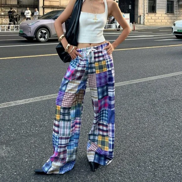 Multicolor Casual Women's Tropical Vacation Plaid Baggy Pants - Picture 5 of 5